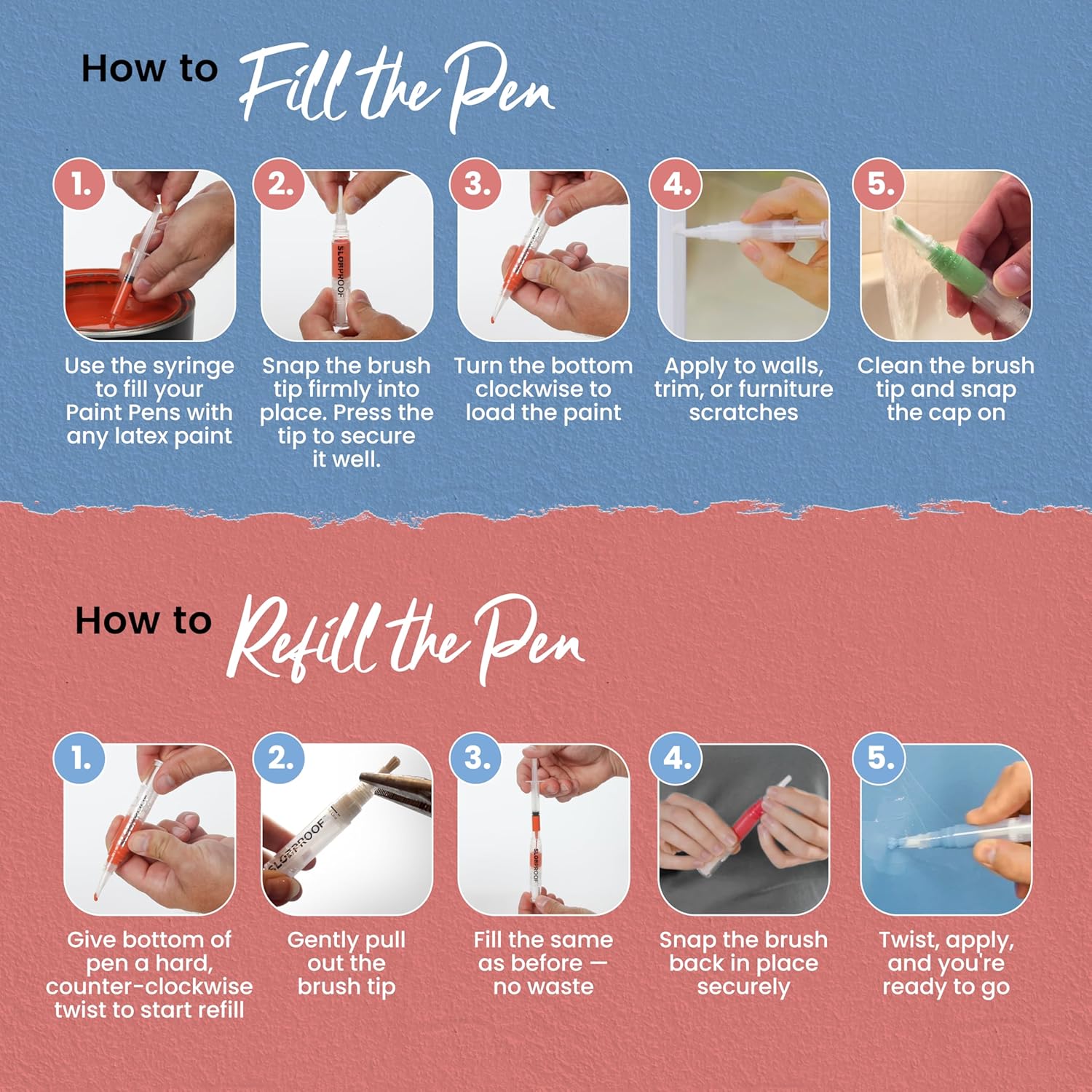 Slobproof Refillable Touch-Up Paint Pen, Mess-Free, Reusable Wall Paint