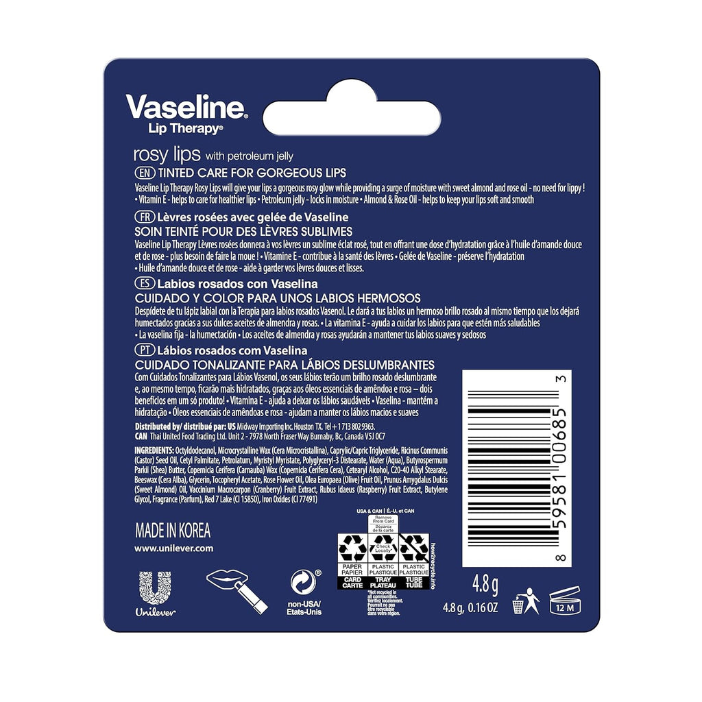 Vaseline Lip Therapy Care Rosy, Fast-Acting Nourishment, Ideal for Chapped