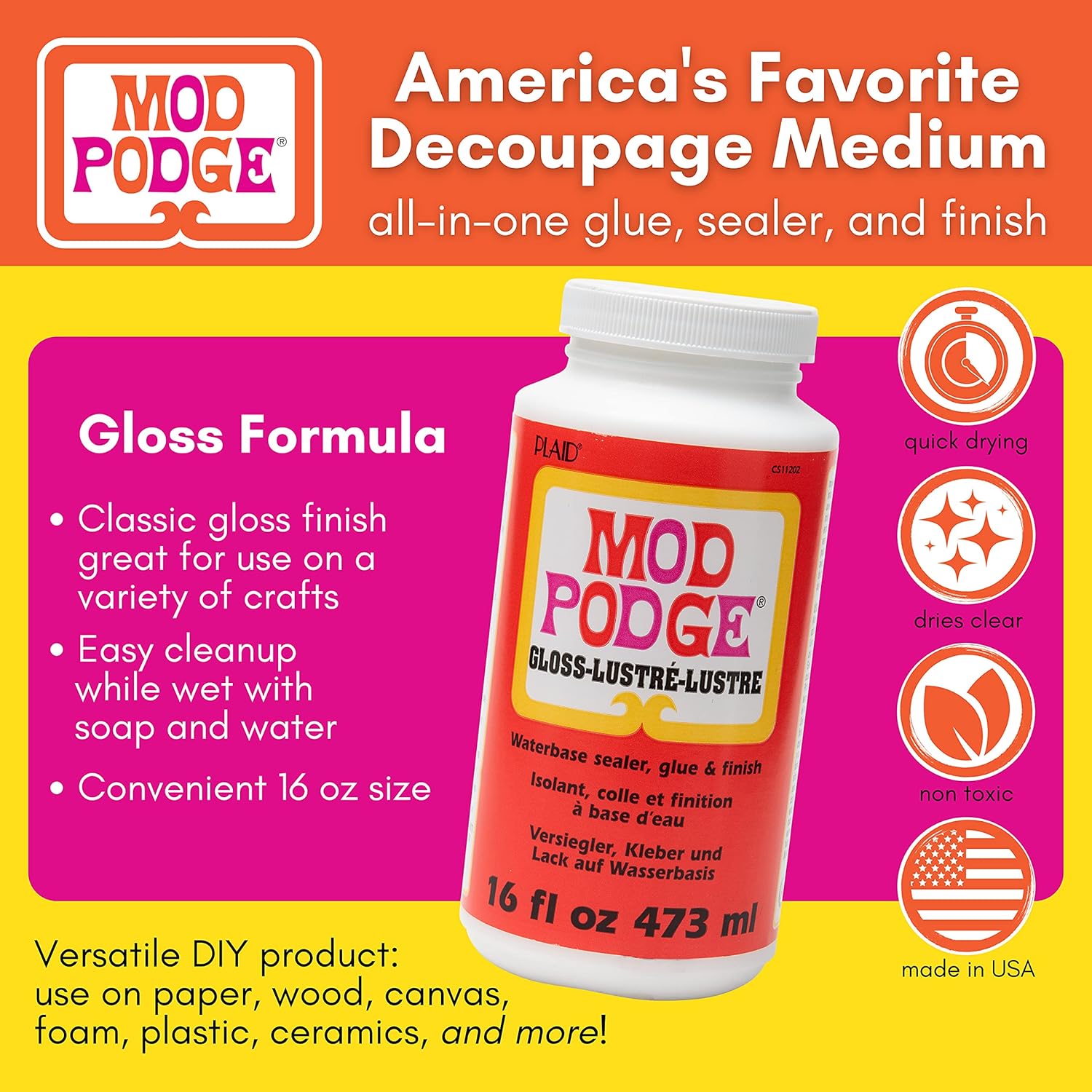 Mod Podge Gloss Sealer, Glue & Finish: All-in-One Craft Solution- Quick Dry