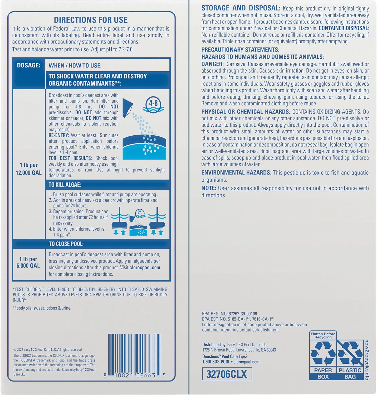 Cloroxå¨ Pool&Spa‰ã¢ Shock Clear, for Crystal Clear Swimming Pool Water