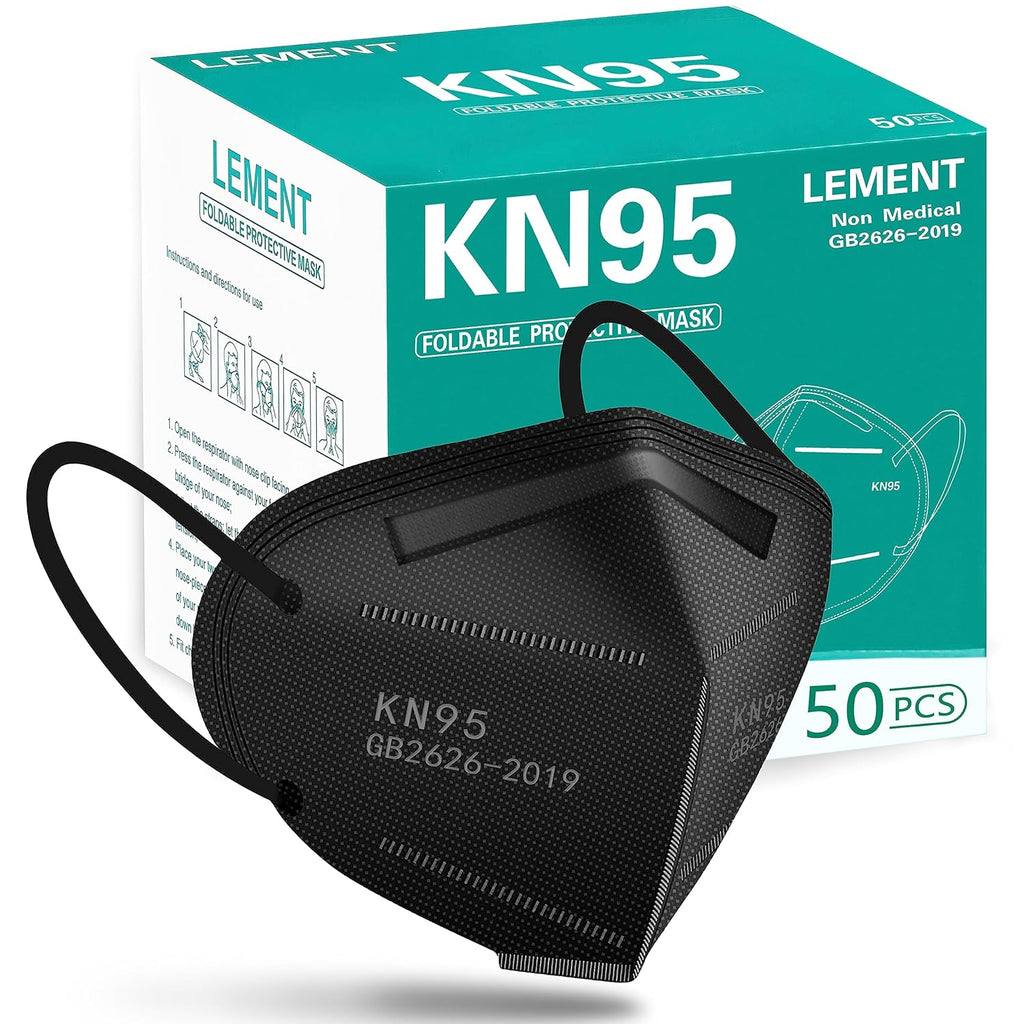 LEMENT 50pcs KN95 Face Mask Black 5 Layer Cup Dust Safety Masks Filter